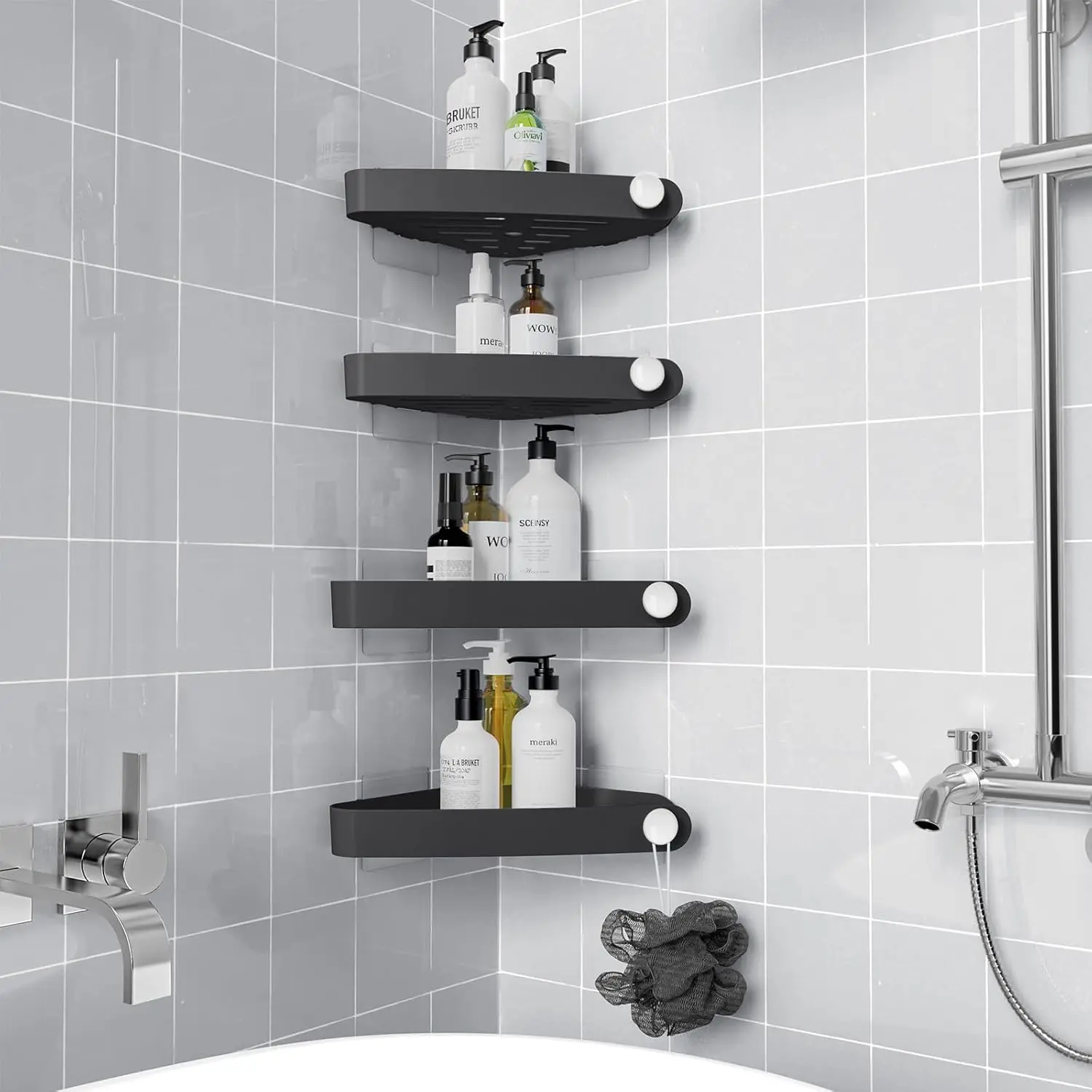 

Modern Black Corner Shower Shelves Rust-Free Plastic Adhesive Bathroom Organizer Storage Caddy Accessories Decor