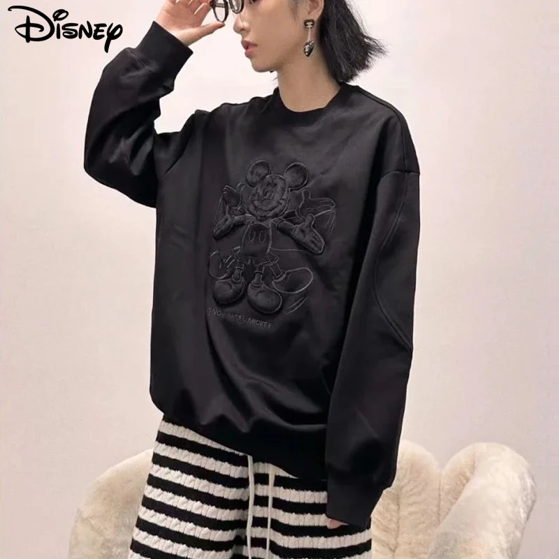 Imagem -03 - Disney-mulheres Mickey Mouse Algodão Bordado O-neck Moletons Moda Casual Pullovers Brand Clothing Top Nova Chegada