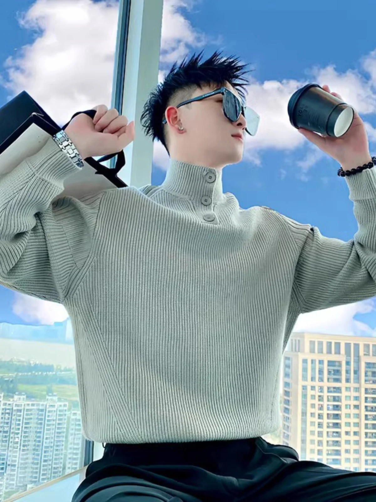 

High Collar Button up Men's Knitwear Casual Inner Wear Faionable Autumn Winter Sweater Youthful Sle Long Sve Color