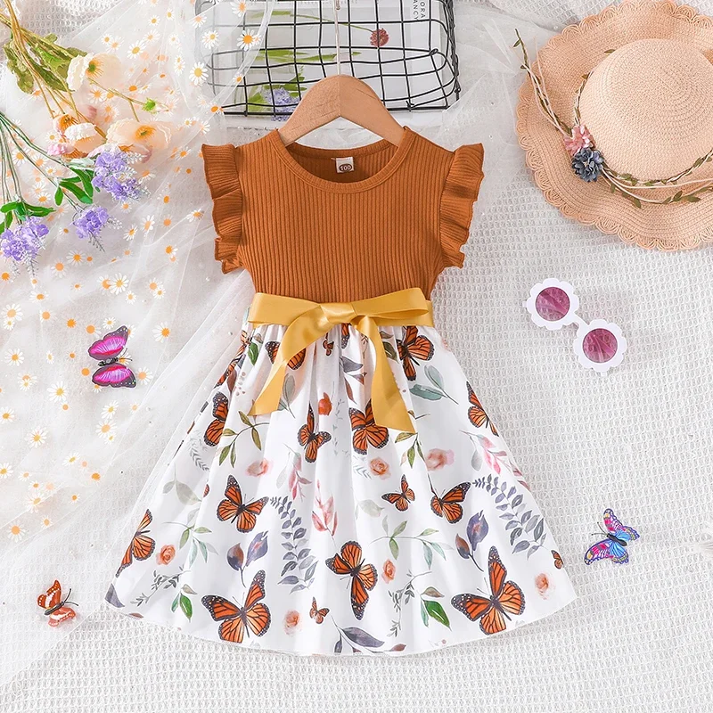 Dress For Kids 3-7 Years old Ruffled Sleeve Butterfly Floral Tulle Cute Princess Formal Dresses with Belt Ootd For Baby Girl