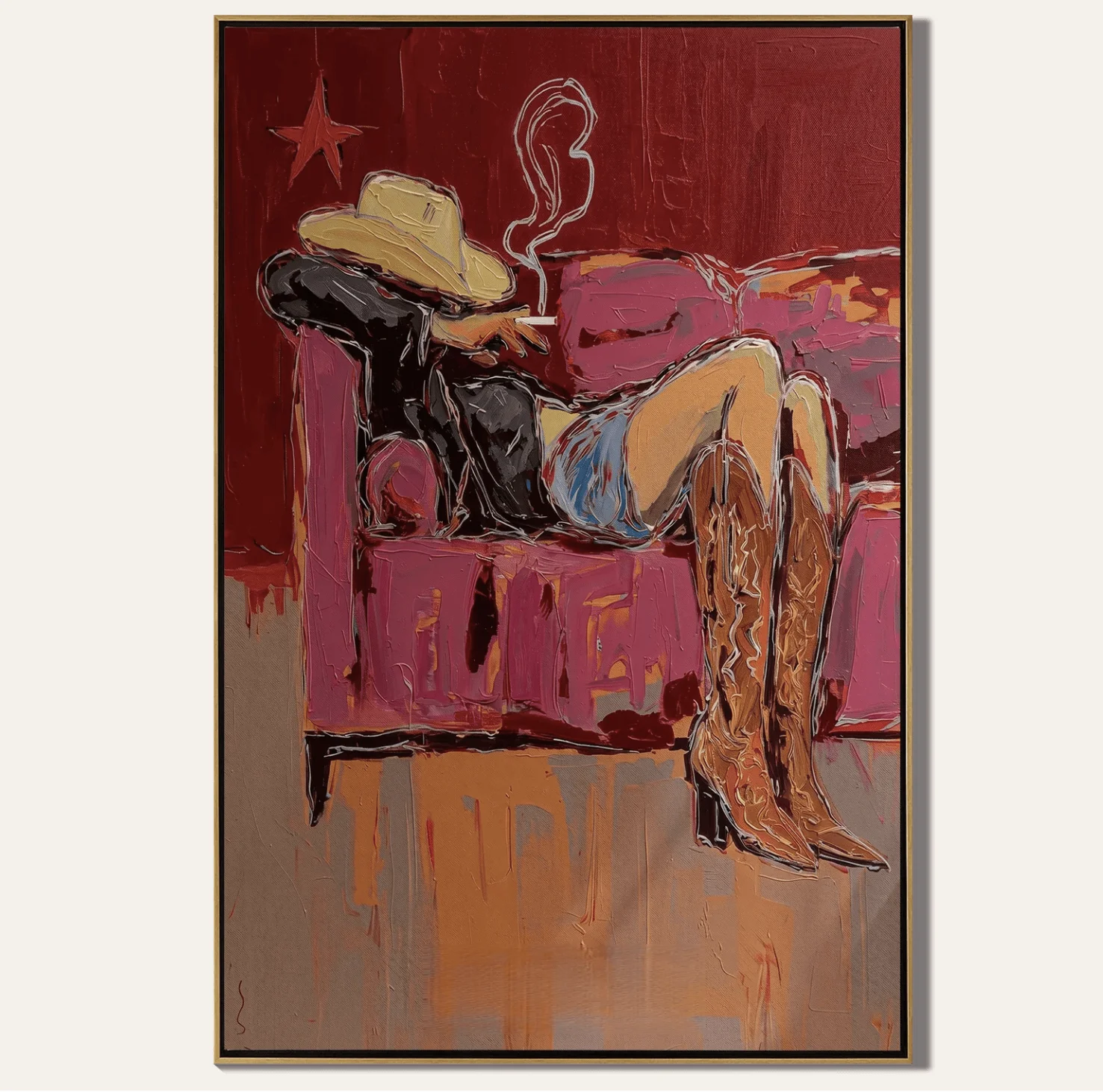 Wall Art Canvas Prints Posters Decor Textured Yellow Hat Cowgirl Boots Sofa Painting For Living Room Bedroom Bar Cafe Wall Decor