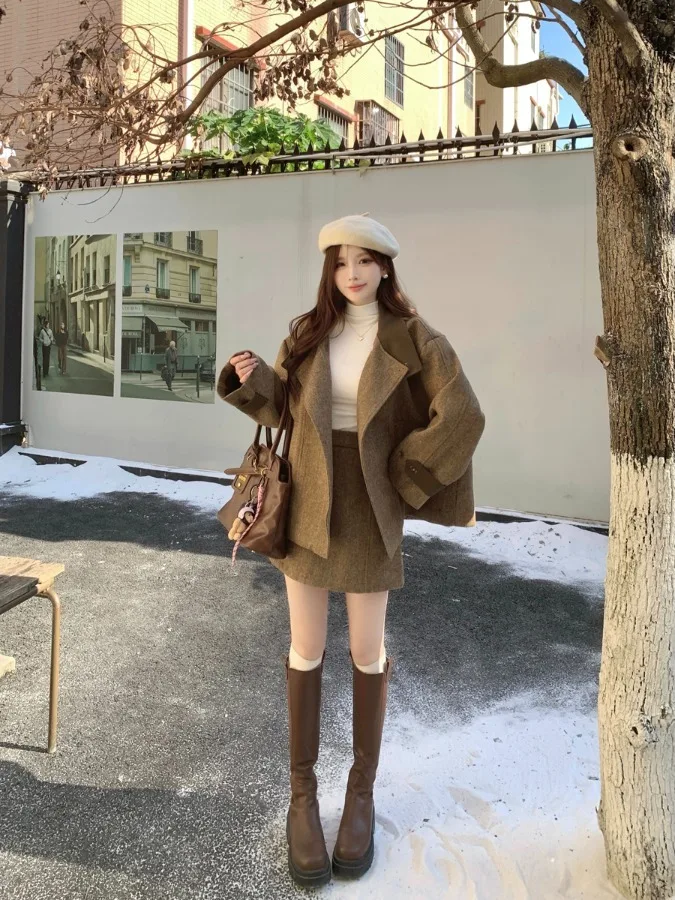 

plus Size Fashion Set Autumn Winter New Design Woolen Patchwork Jacket High Waist Skirt Korean Style Loose Fit Long Sleeve
