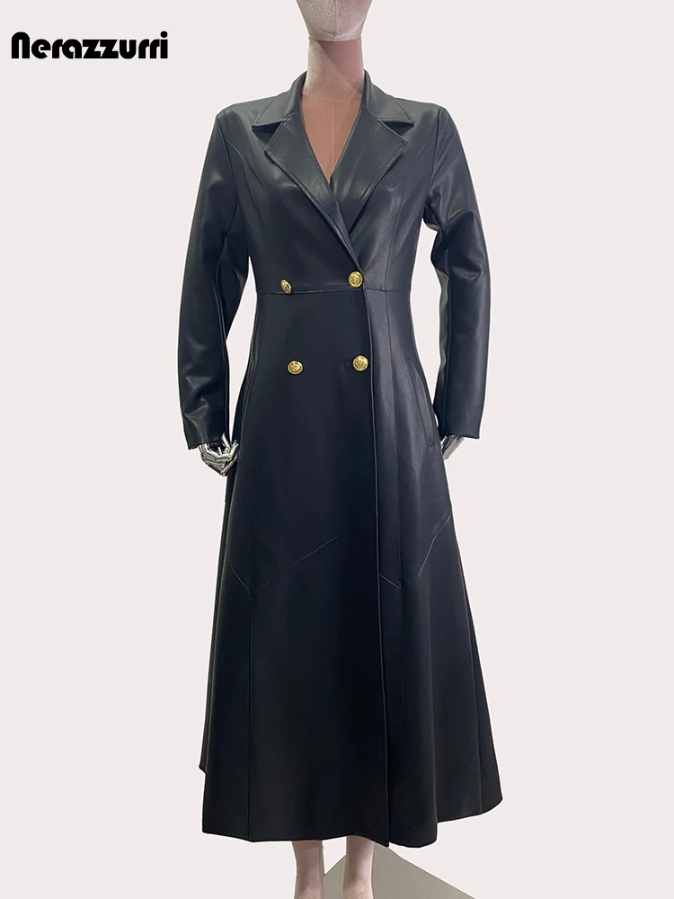 Nerazzurri Spring Autumn Skirted Long Black Soft Pu Leather Trench Coat for Women Double Breasted Elegant Luxury Chic Overcoat