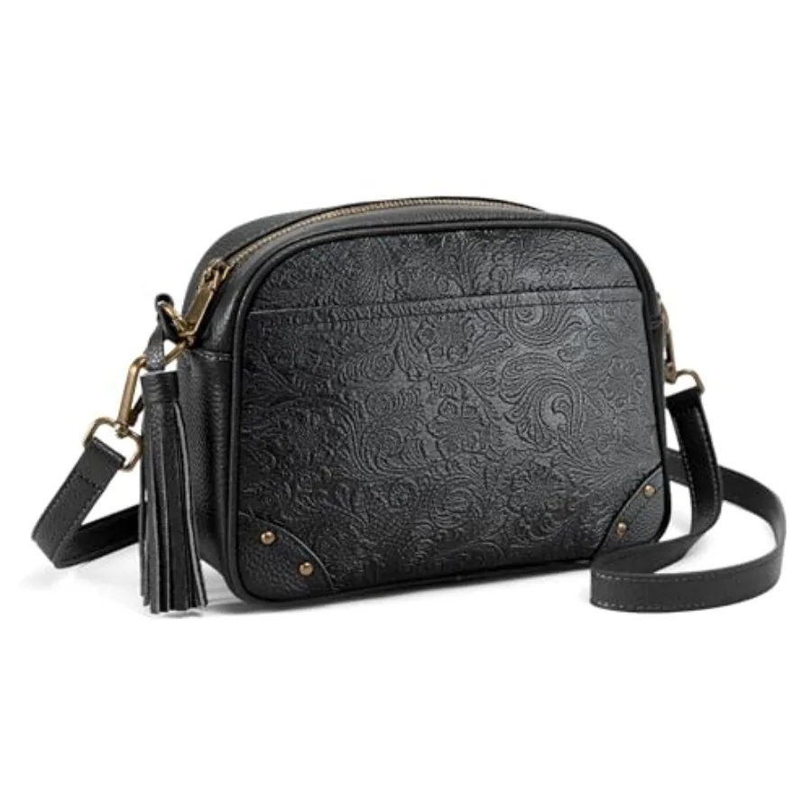 befen Anti Theft Crossbody Bags for Women Genuine Leather Embossed Flower Design Purse Handbags with RFID Blocking Card Slots