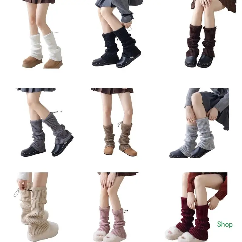 

Dropship Women Solid Color Drawstring Leg Warmer Ribbed Knit Turn Cuff Socks Boot Covers