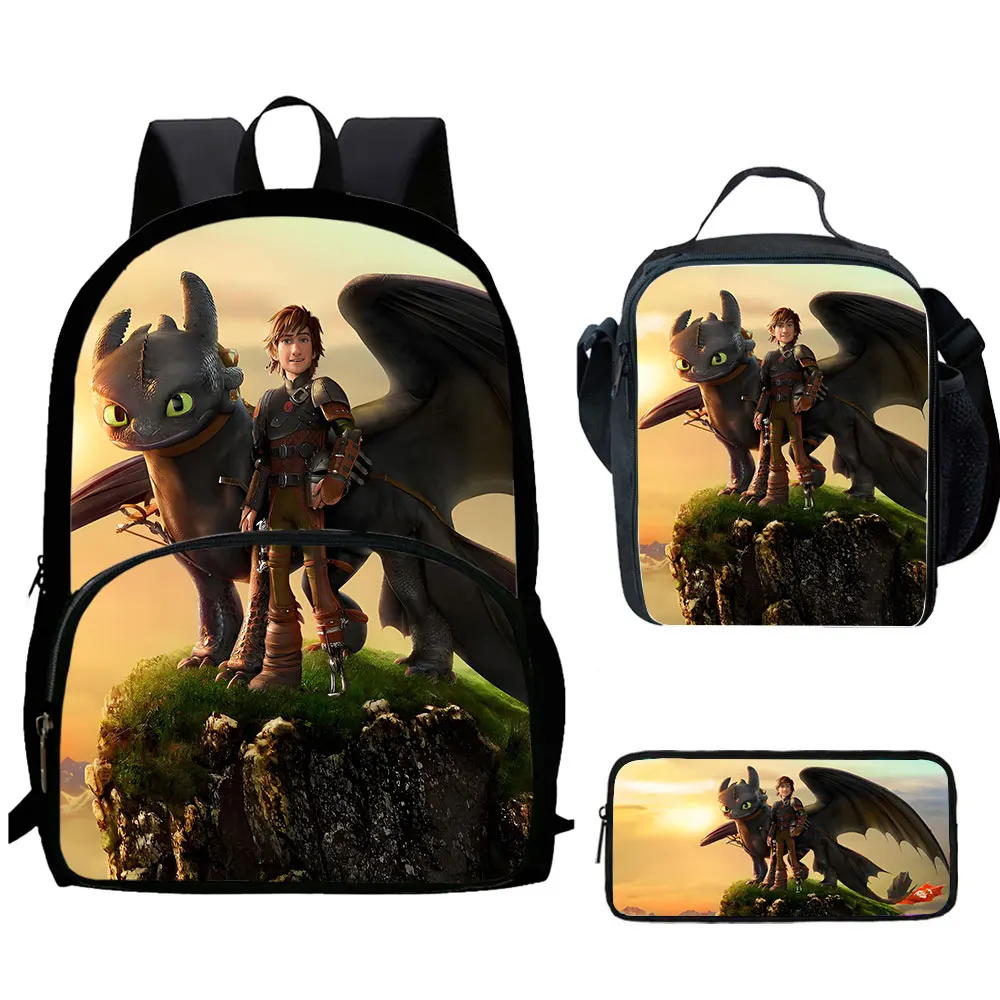 Cartoon How to T-Train Your D-Dragon Child Backpack,Lunch Bags,Pencil Bags for 4-8 Years Old School Bags for Boy Girl,Best Gift