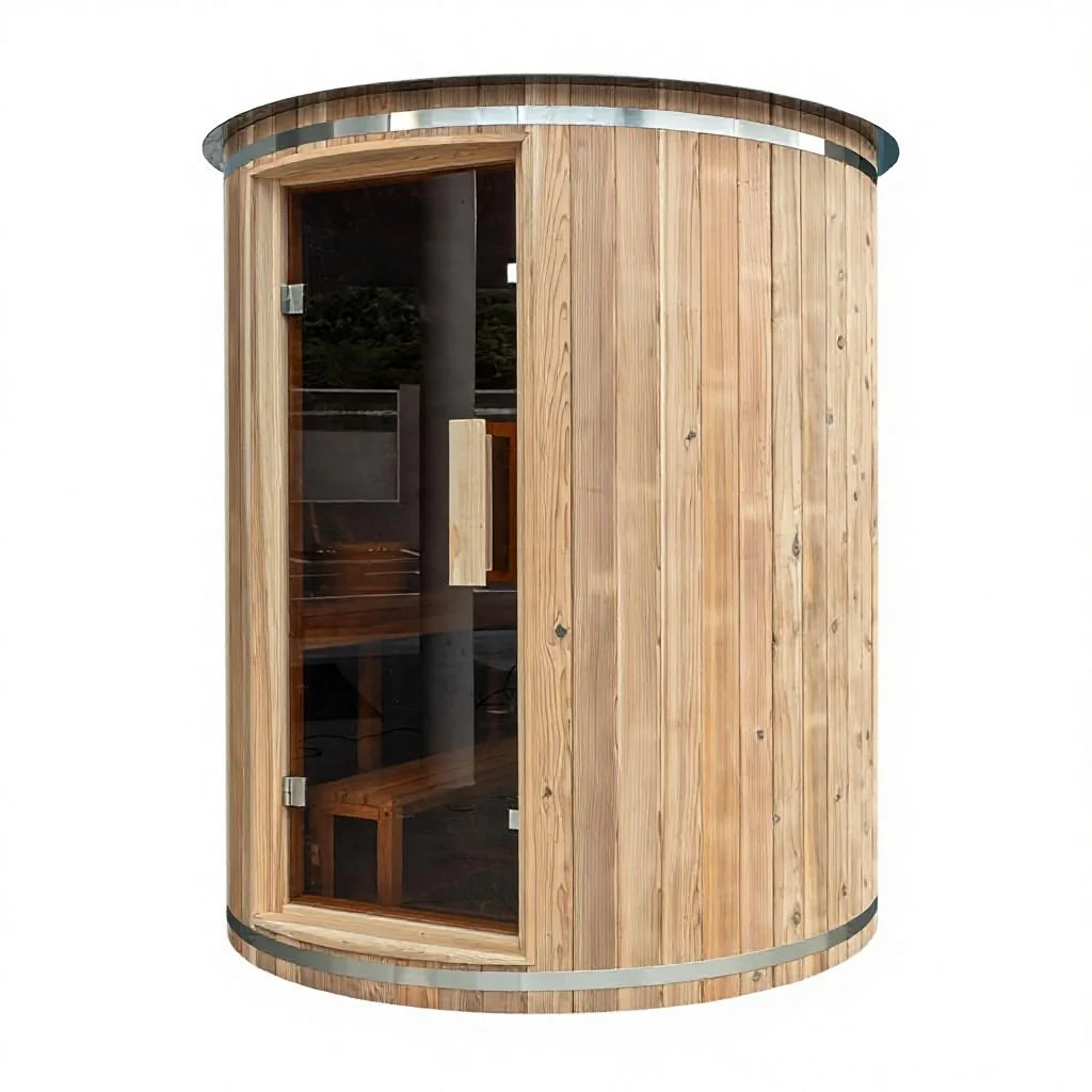 4-Person Outdoor Vertical Barrel Sauna Solid Wood Construction | Traditional Design 6KW Harvia Electric Heater Backyard-Ready