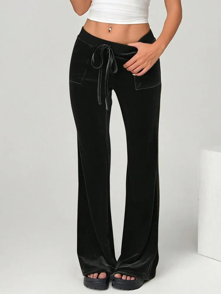

New Autumn Winter Trousers Casual Slimming Commuting Style Clothes High-grade Velvet Lace-up Pockets Wide-leg Flared Trousers