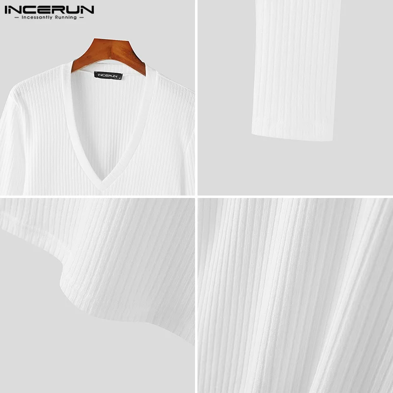 INCERUN Tops 2024 Korean Style New Men Solid V-neck Knitted T-shirts Summer Casual Streetwear Simple Long Sleeved Camiseta S-5XL