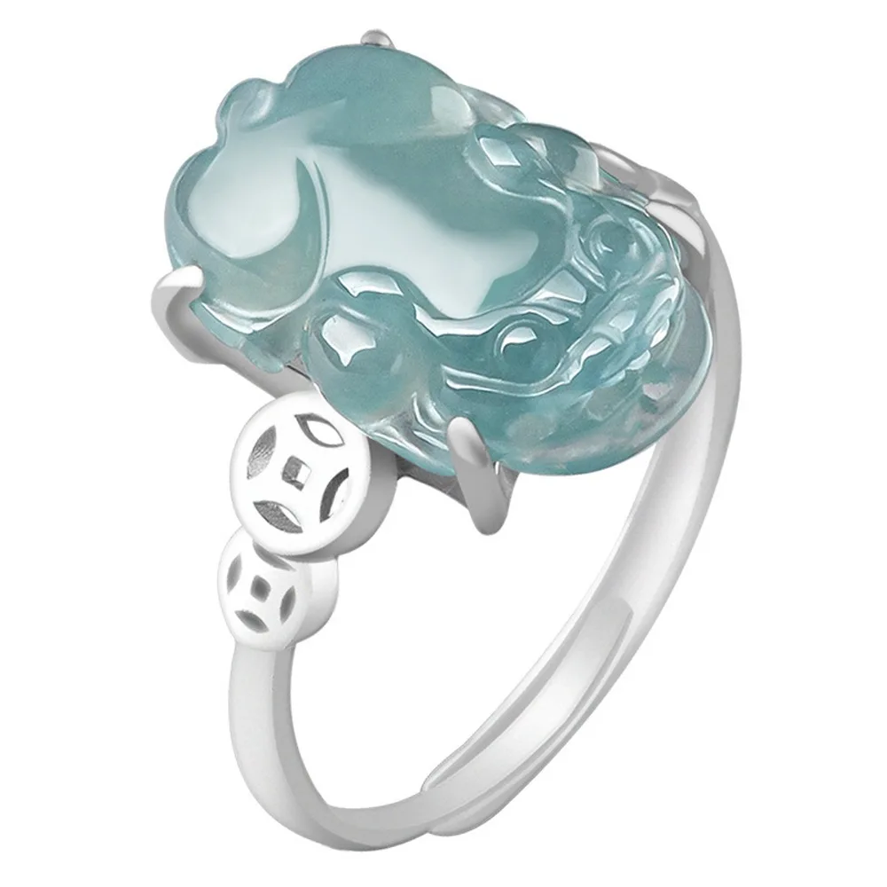 

Real Solid 925 Sterling Silver Natural A Grade Jade Jadeite Men Women Bless Coin Pixiu Ring