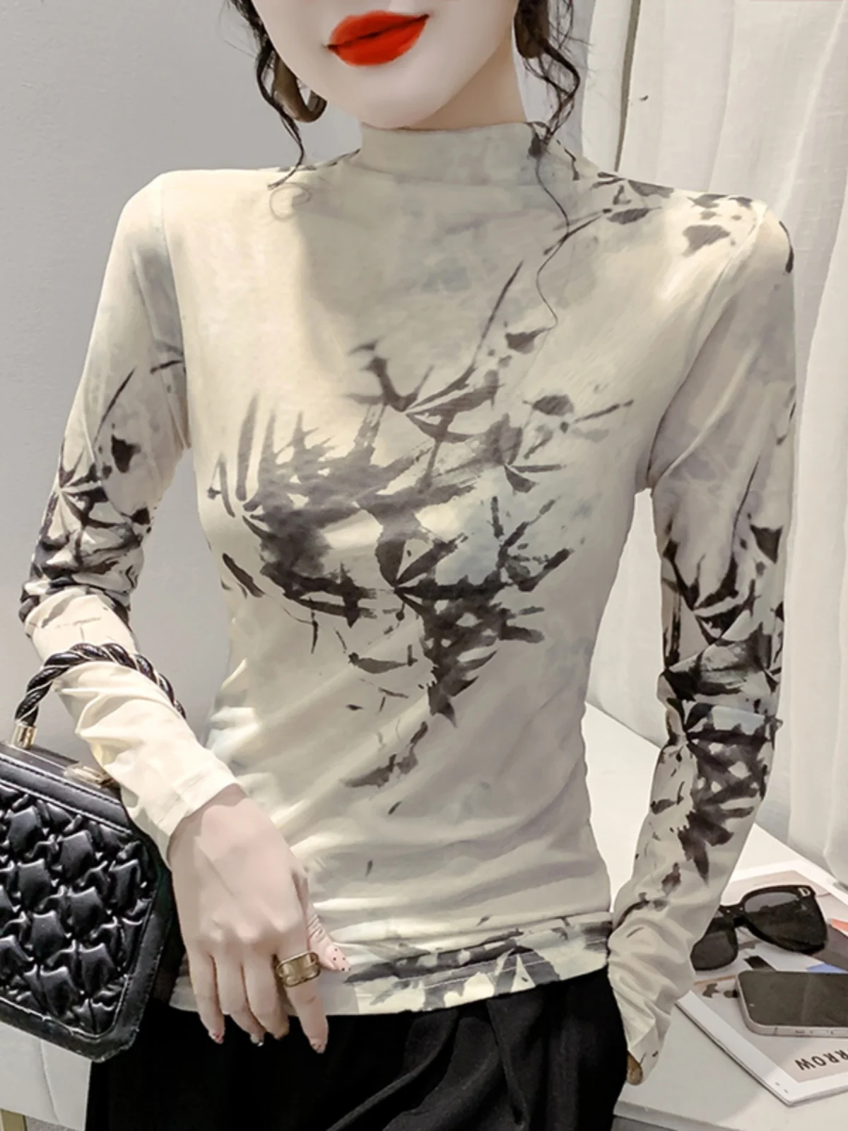 ملابس داخلية نسائية مطبوعة طويلة Sve Me Base irt f بياقة عالية بقصة ضيقة ملابس داخلية عصرية لخريف وشتاء الشارع Sle