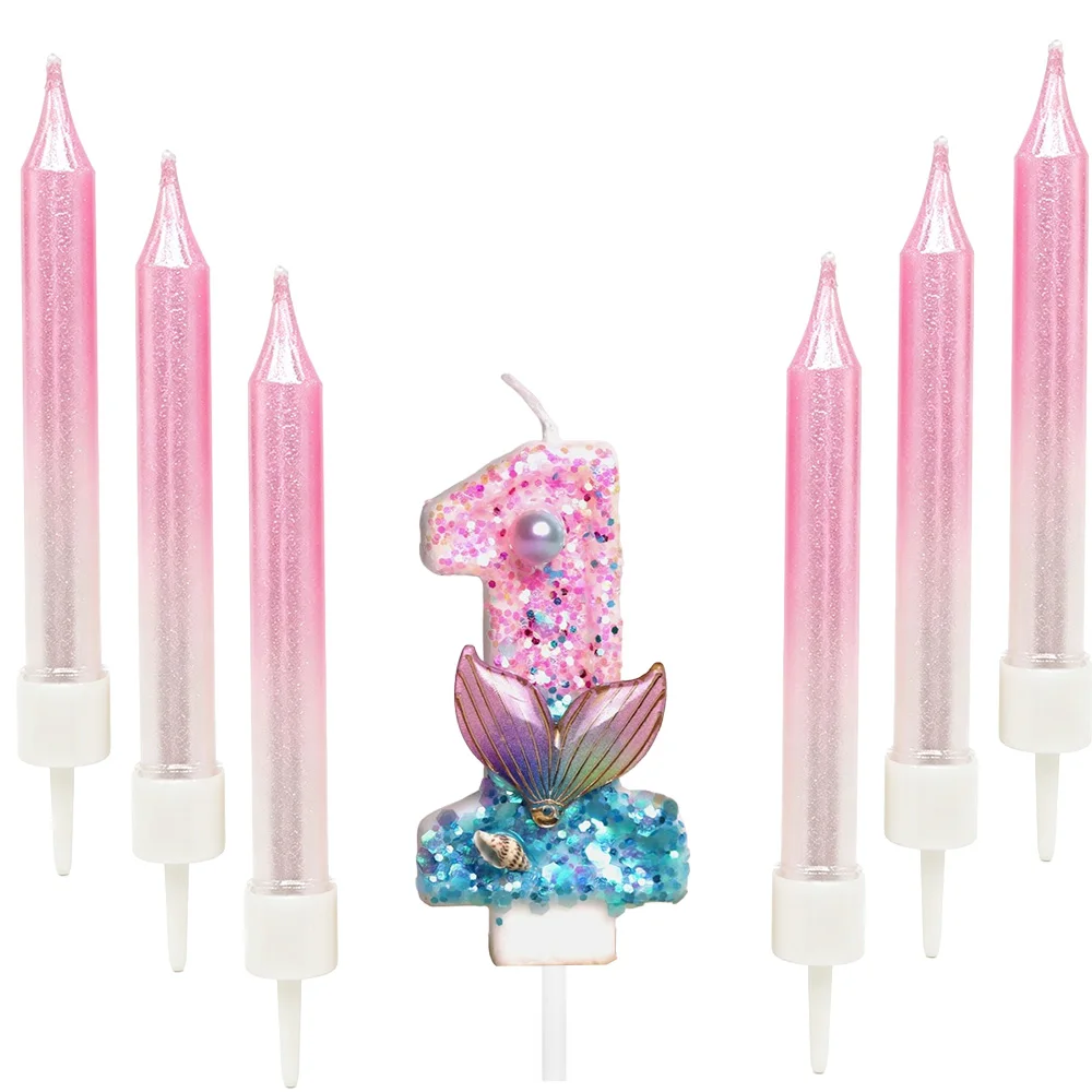 6/7pcs Mermaid Tail Glitter Birthday Number Candles Mermaid Themed Cake Toppers DIY Party Decorations Baby Shower Party Supplies view 6