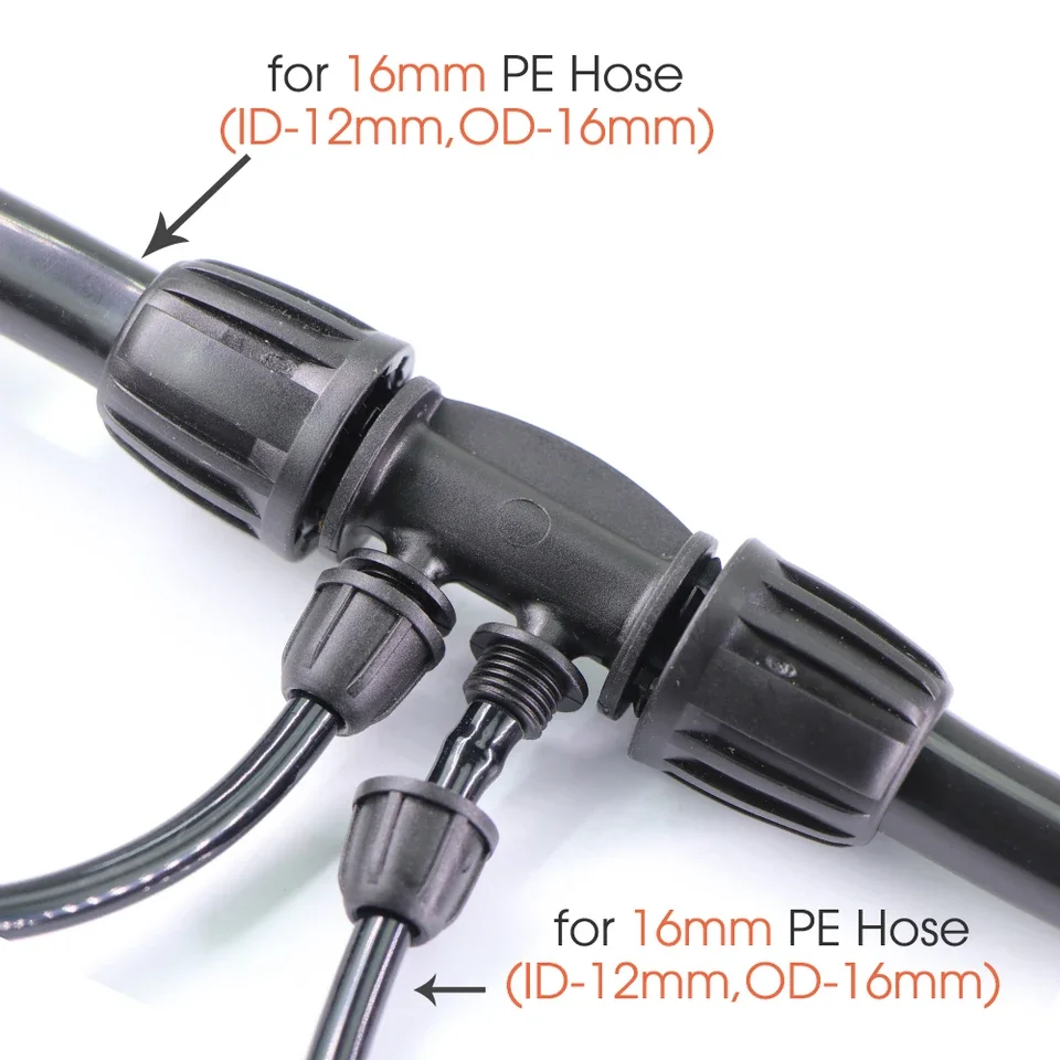 10-piece 16 mm PE pipe locking coupler set converts 1/2 inch to 1/4 inch or 3/8 inch hoses with 4-way and 6-way branching capabi