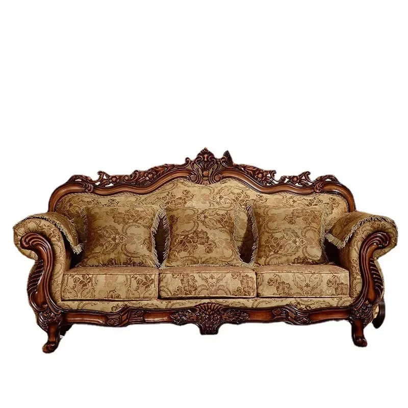 Fabric sofa 123 combination solid wood carving flower living room set American small apartment removable and washable solid wood