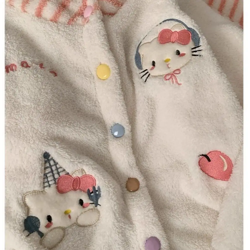 حار النسخة الكورية الفتيات مرحبا كيتي منامة مجموعة الشتاء الكرتون KT أفخم أعلى سروال مخطط سترة دافئة المرجان الصوف Homewear #6