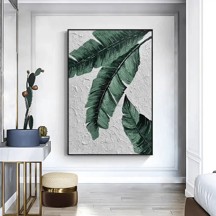 Nature-Inspired Botanical Oil Painting Wall Art Handmade Oversized Green Leaf Canvas Oil Painting for Livingroom Wall Decortions