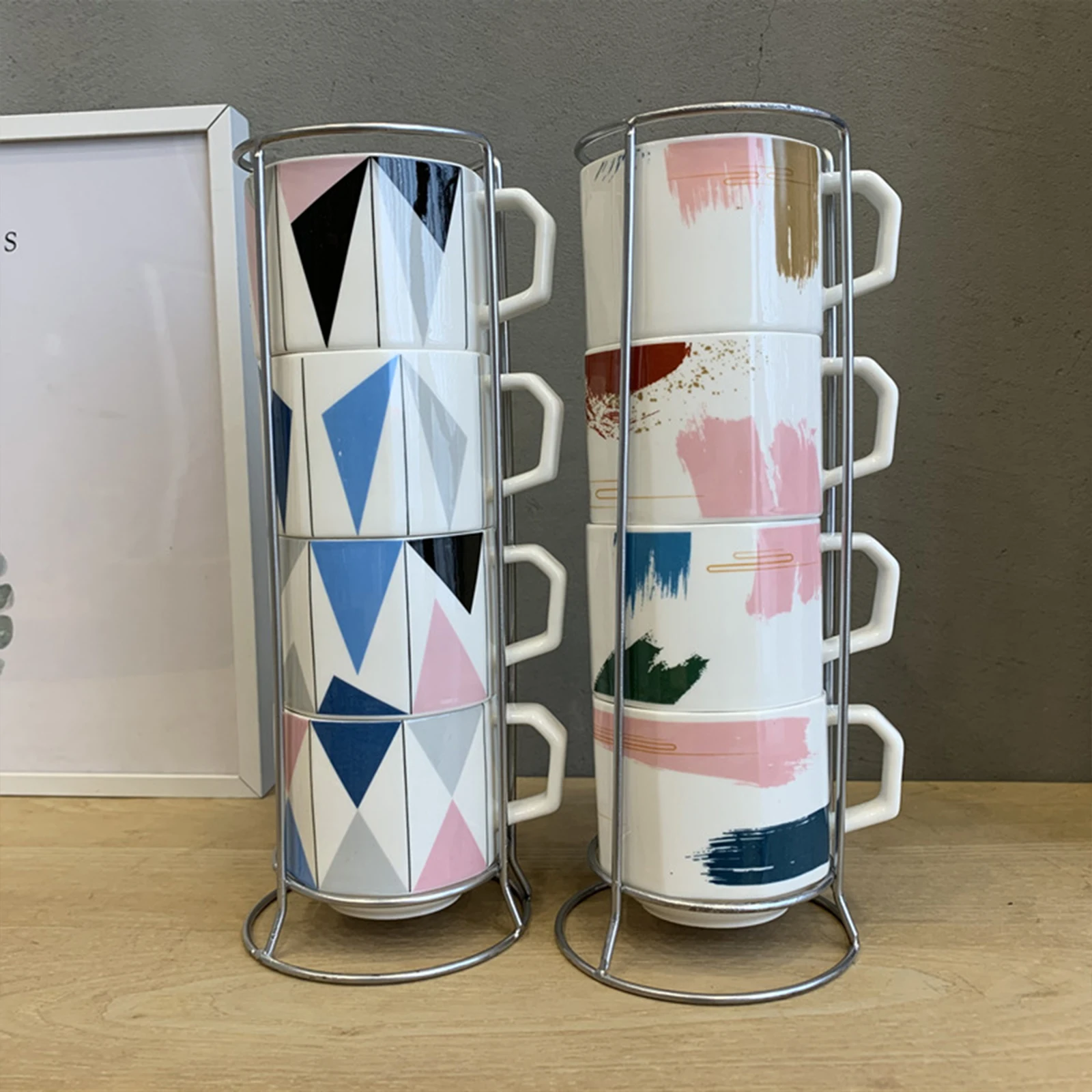 4PCS Coffee Mugs with Metal Stand Three-dimensional Creative Geometric Household Large With Iron Frame tacked Cup Ceramic Mug