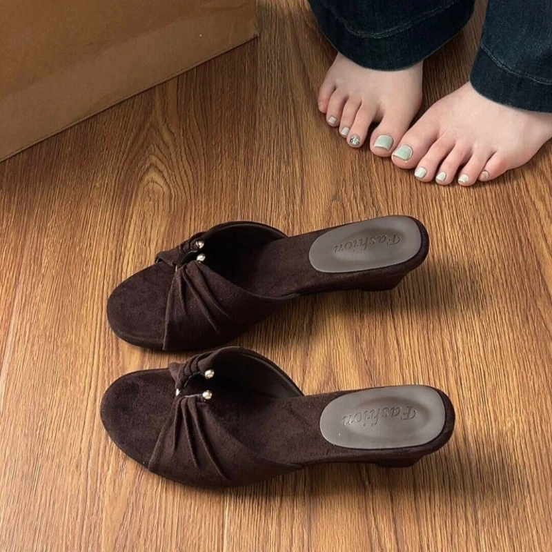 Sandales compensées d'été pour femmes à talon haut, à bout ouvert, avec nœud papillon, décontractées, à enfiler, pour l'extérieur