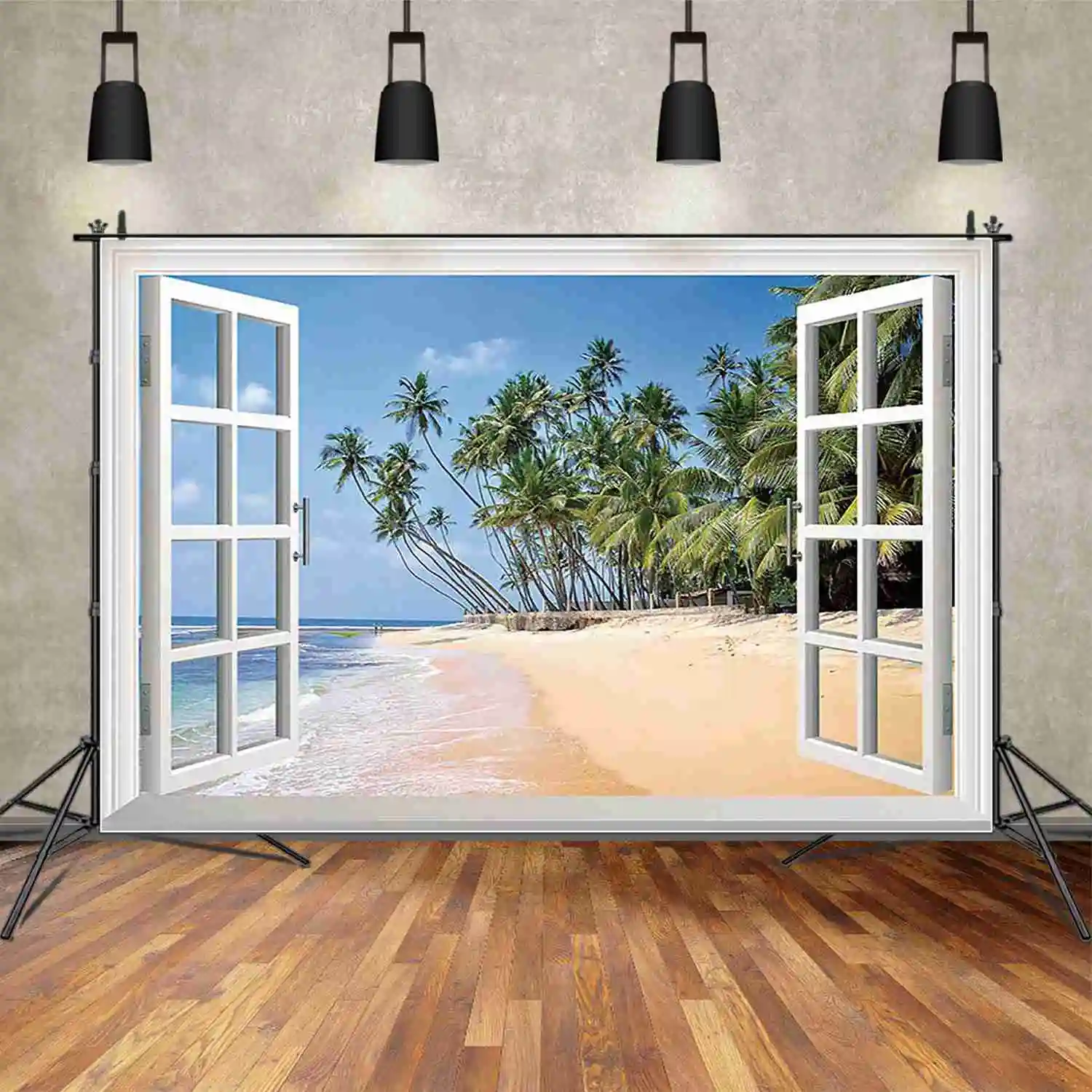 MOON.QG Window Landscape Photography Backdrop Beach Palm Sunshine Photocall Background Children Studio Photocall Accessories