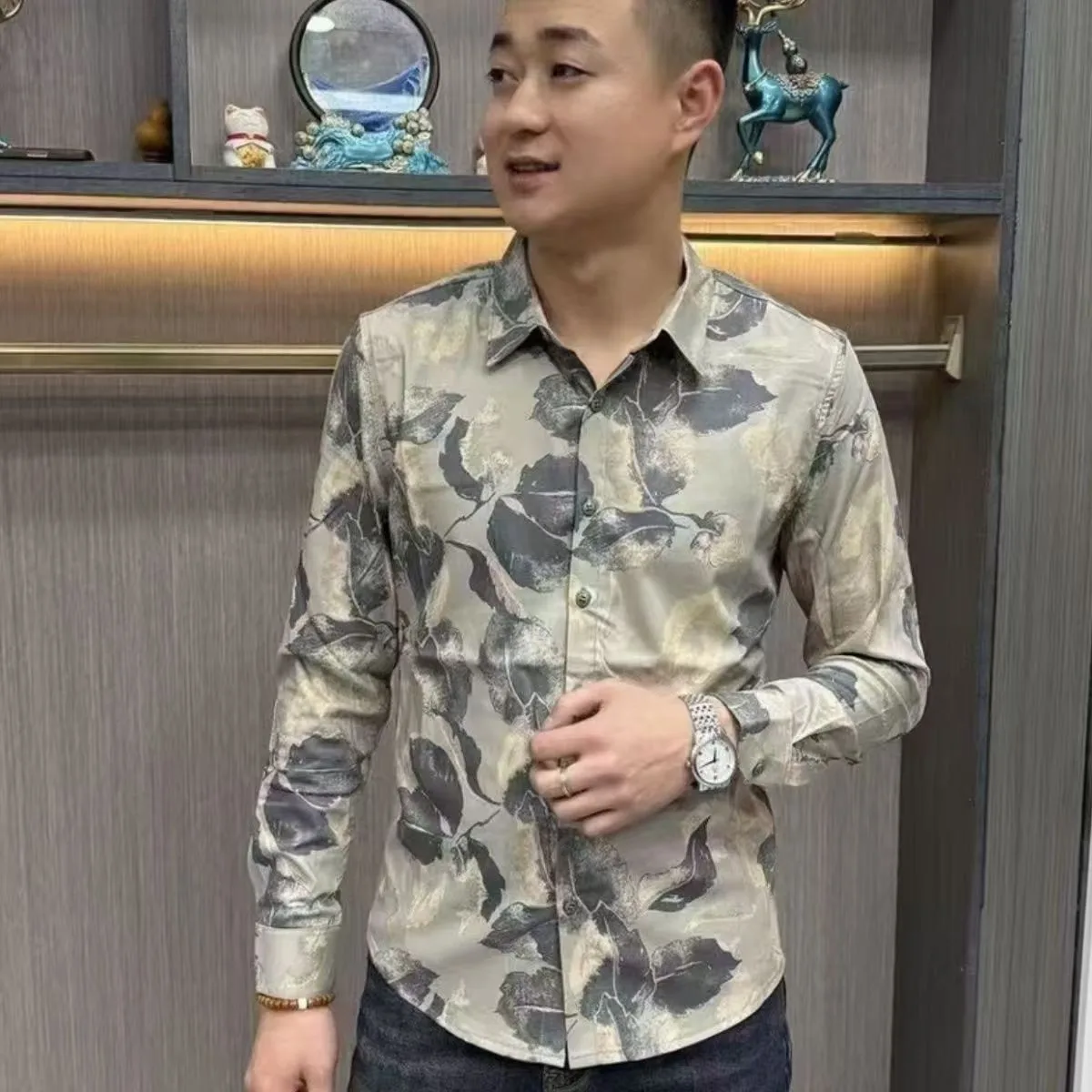 

High Quali Retro Sle Long Sve Printed irt Men's Spring Summer New Casual Turn-down Collar Slim Fit No Iron Thin Model