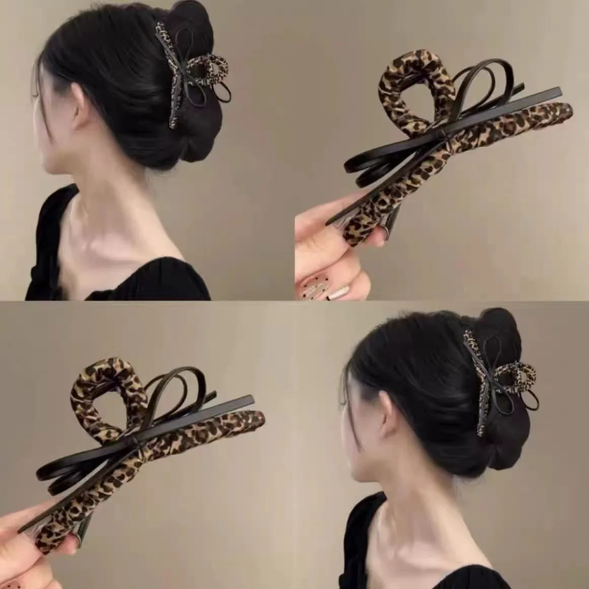 Leopard Print Artificial Leather Bow Grab Clip Hairpin Back Head Hair Shark Clip Personality Sweet Cool Wind Accessories Woman