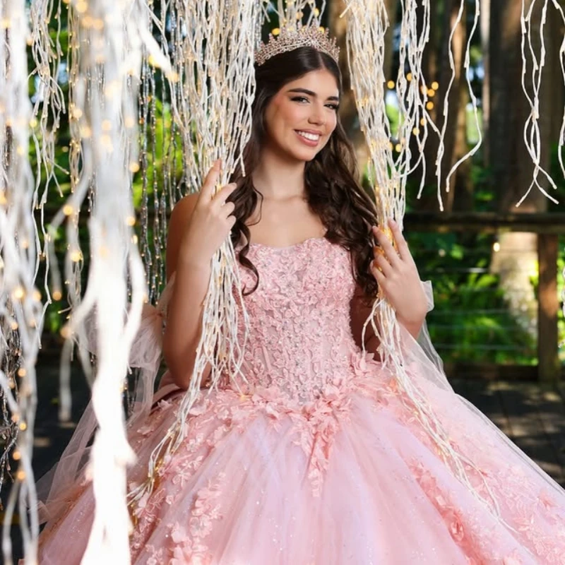 Customized Shiny Quinceanera Dresses Off the Shoulder applique 3D flower Long tail Vestido 15 Quinceanera