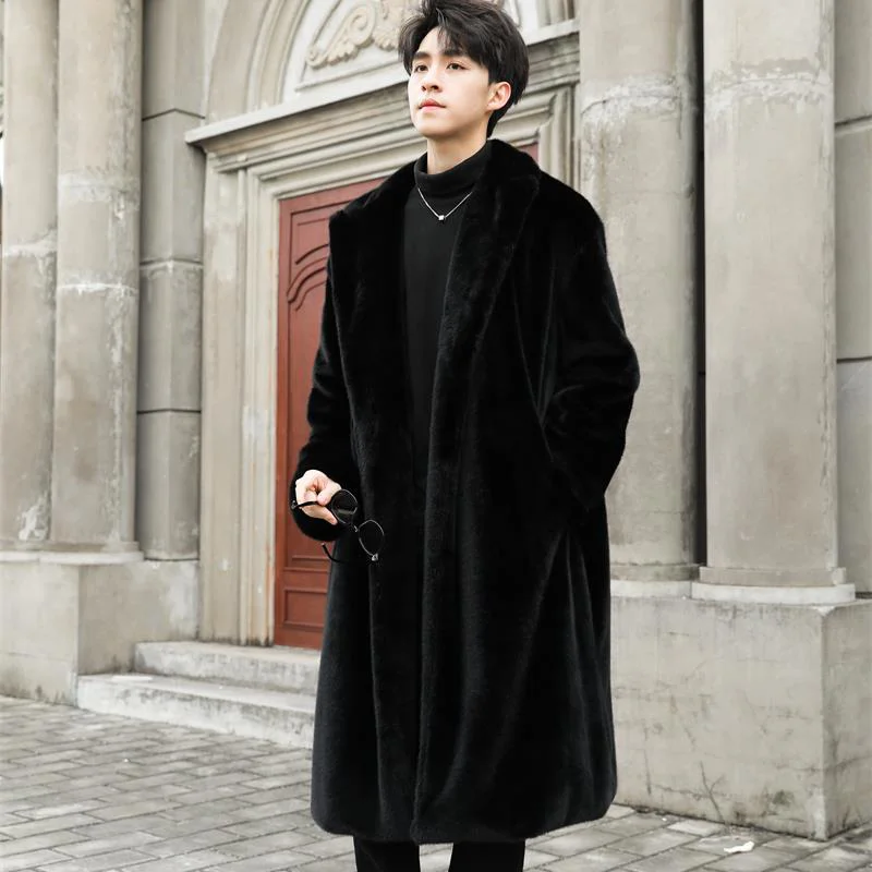 Men's autumn and winter mink fur coat, long knee length synthetic fur coat, thickened plush windbreaker, cotton jacket, trendy