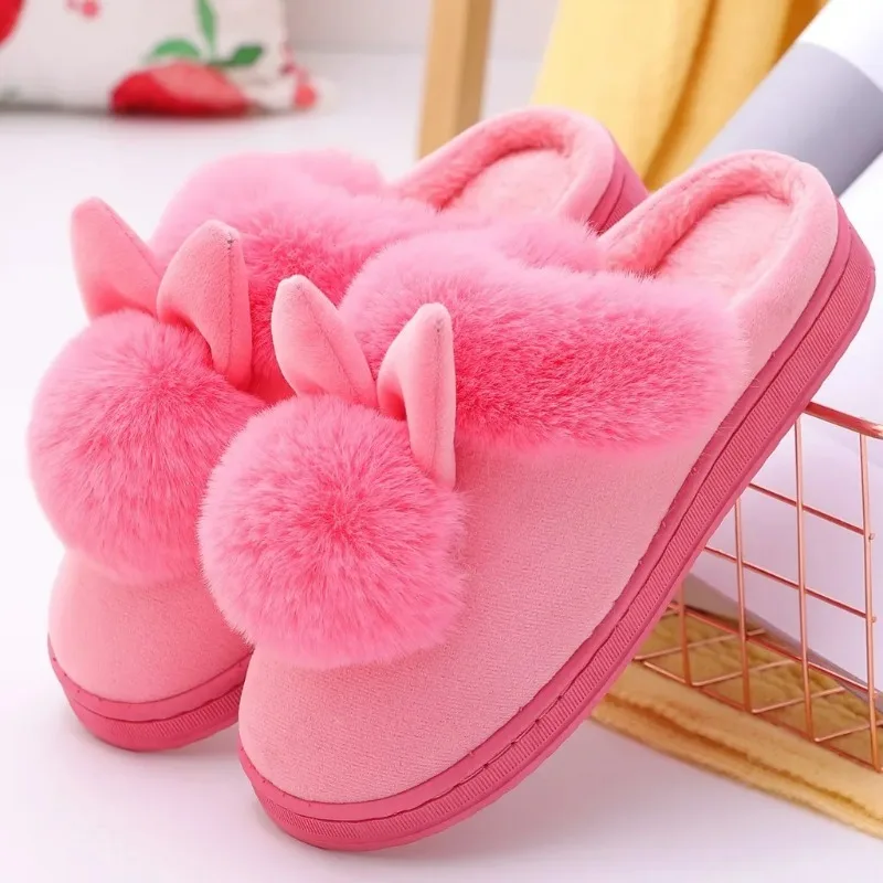 Sepatu Anti-selip Rumah Datar Lantai Dalam Ruangan Pria Wanita Slide Sol Lembut Tebal Pel Katun Dalam Ruangan Telinga Kelinci Mewah Musim Dingin Wanita