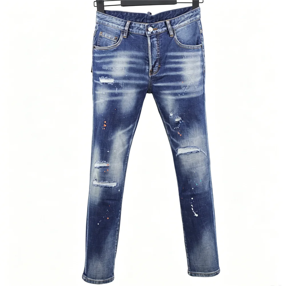 

6022 Four Seasons New Men's Wear Washed Ripped Patch Paint Decorative Foot Blue Jeans