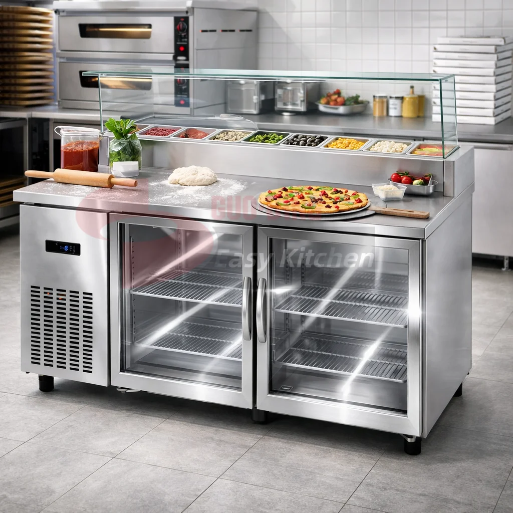 Commercial Pizza Salad Sandwich Counter Display Chiller Fridge Glass Top Prep Table Refrigerator Chiller Freezer Table
