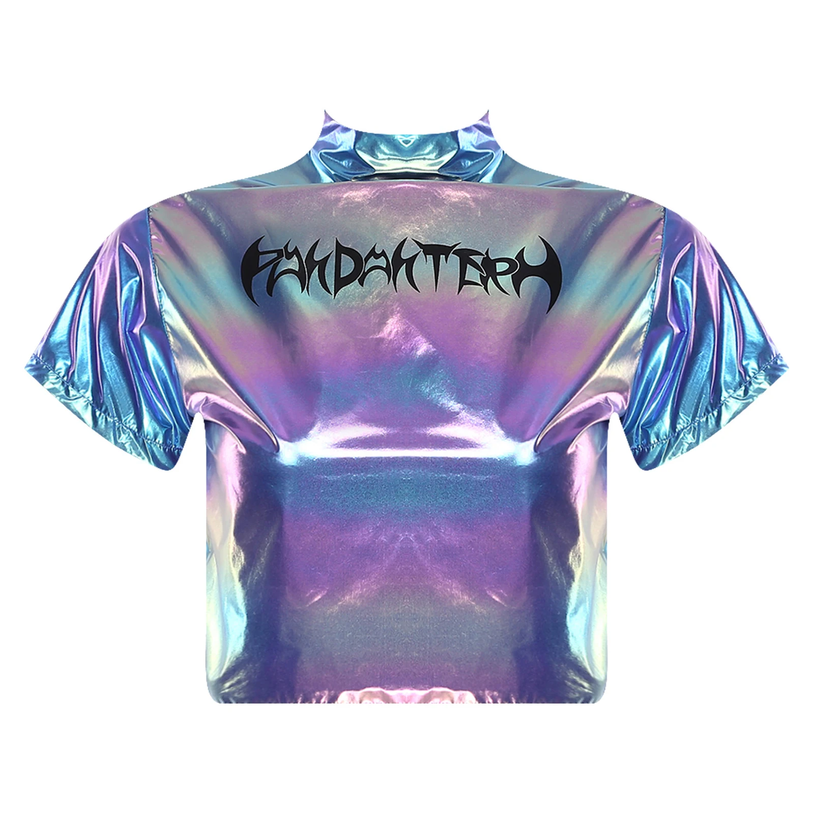 เสื้อครอปแจ๊สสำหรับผู้หญิง ลายพิมพ์สไตล์พังก์เมทัลลิก คอเต่า แขนสั้น ซิปหลัง เสื้อยืดครอปสำหรับการแสดงเต้นแจ๊สบนเวที