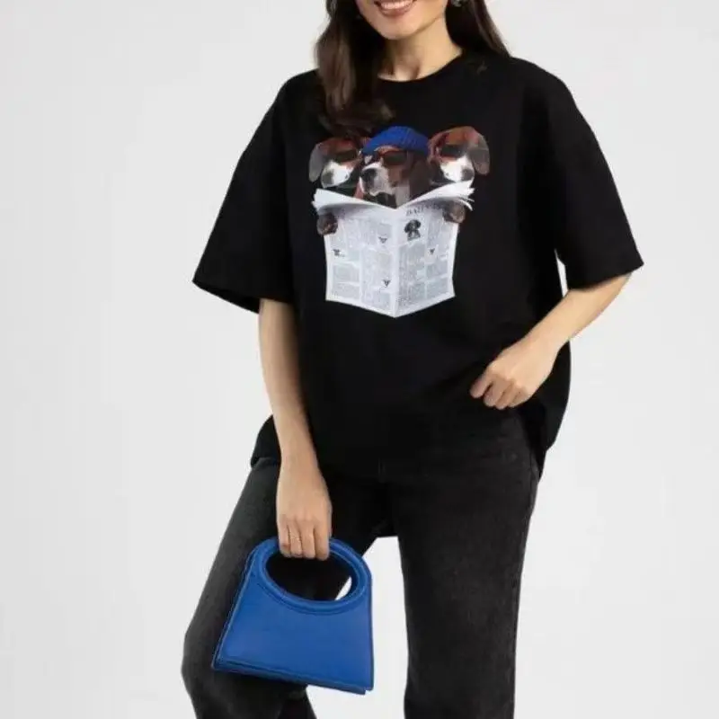 The Puppy Reads The Newspaper Funny Printed Casual Cute Kawaii Clothes T-shirt Women Short Sleeve High Street Comfortable Tees