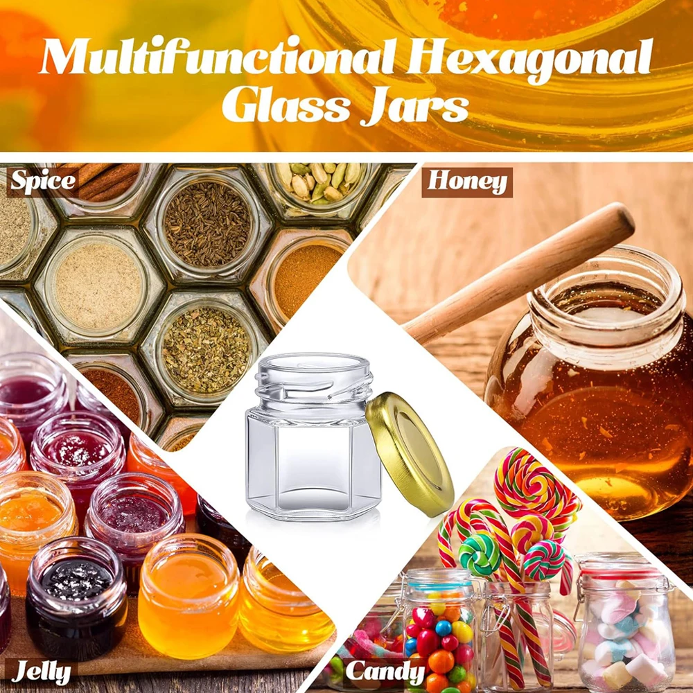 1.5oz Mini Hexagon Glass Jars Bulk for Wedding Small Honey Jars with Lids Spice Jars Canning Jars Mason Jars for Gifts Candy