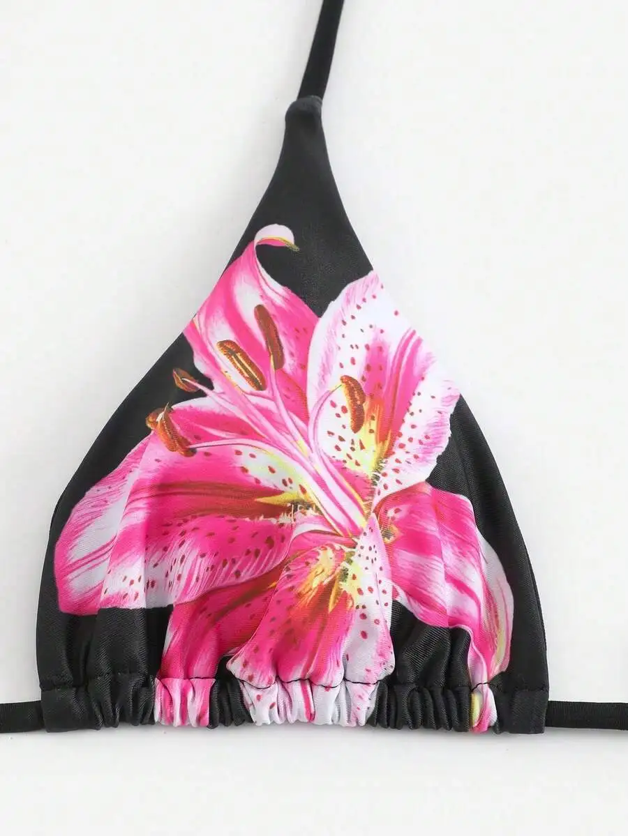 

Floral Print Spaghetti Strap Triangle Bikini Top With Side Tie