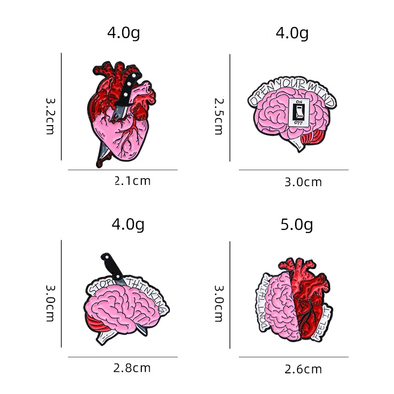 Creative Blood Organ Metal Brooch Dagger Heart Brain Switch Open Stop Thinking Brain Cartoon Badge Punk Pins Jewelry Accessories