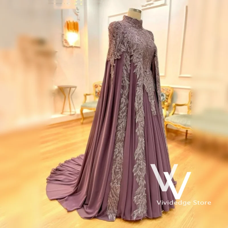 Lila Muslimisches Brautkleid Hochgeschlossener Kaftan Brautkleid mit Perlen Verziertes Vestido de Noiva 2026 Mit Schal A-Linie Hochzeitskleid Maßanfertigung