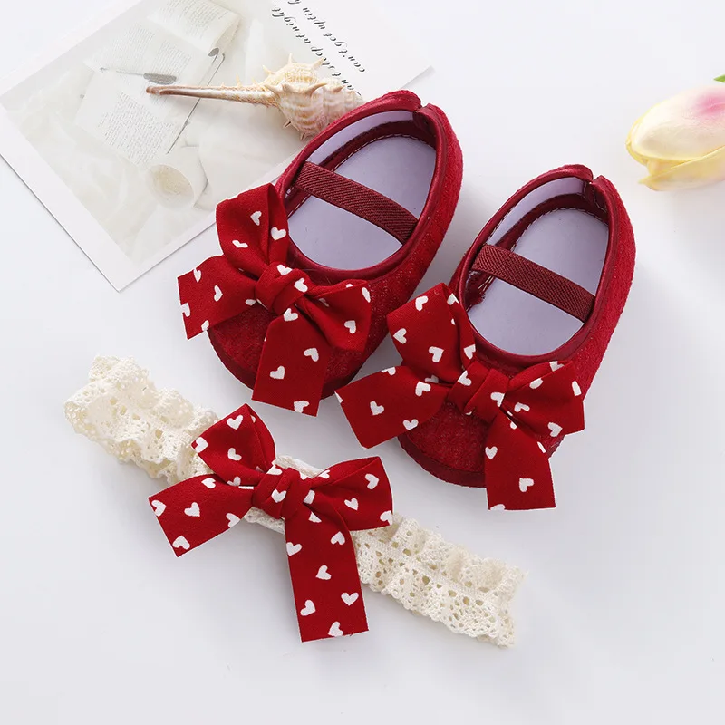 

Baby Shoes Mesh Solid Color Shoes Headband Learning To Walk Shoes Soft Sole Butterfly Knot Glue Anti Slip Spring Autumn New