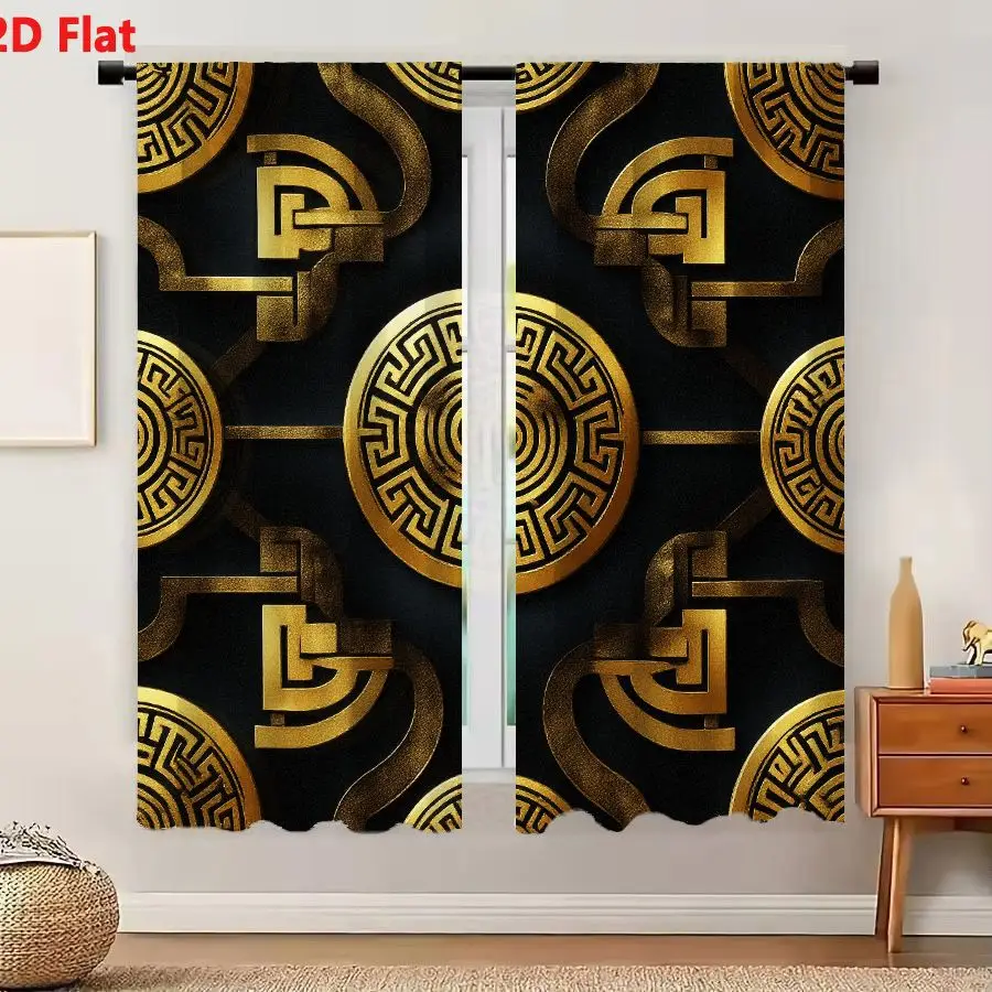 2Pcs Curtains 2D Flat Symmetrical Repeating Pattern Dark Background Ornate Gold Decorative Elements Central Circular Medallion S