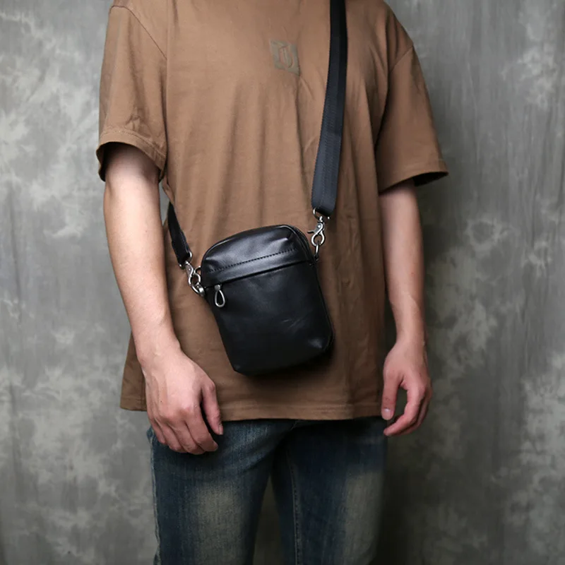 Full Grain Leather Crossbody Bag for Men Slim Casual Sling Backpack Shoulder Bag Lightweight Organizer Daypack