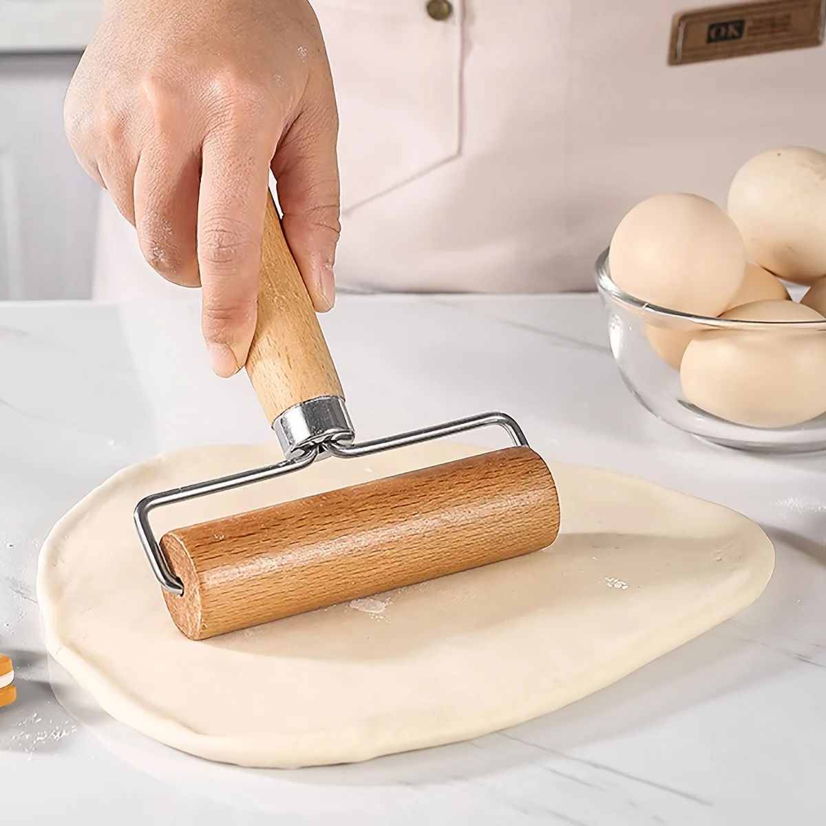 1Pc T-Shaped Dough Roller, Stainless Steel Wooden Rolling Pin for Dumpling & Bun Wrappers, Baking Tool