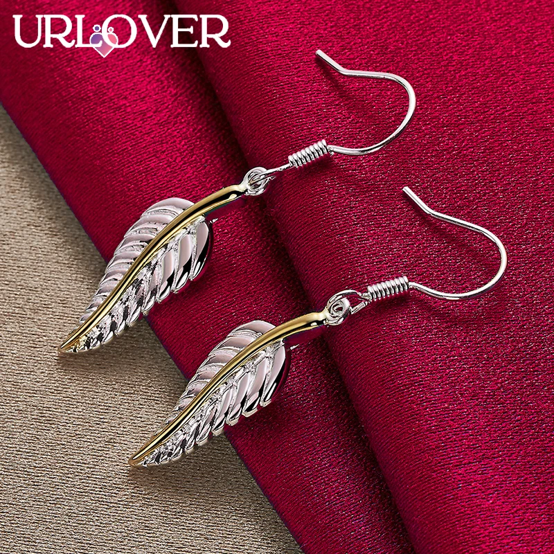 

URLOVER 925 Sterling Silver Earring For Woman Golden Feathers Drop Earrings Party Engagement Wedding Birthday Fashion Jewelry