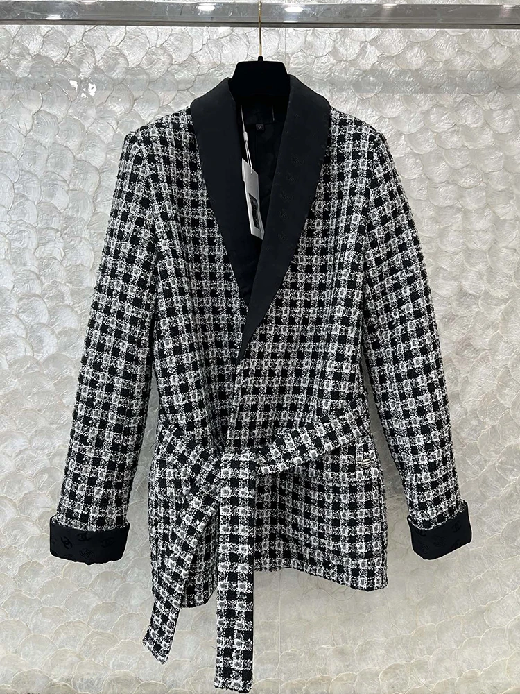 Fashion Designer Autumn Long Style Plaid Overcoat Women's Turn-down Collar Belt Button Pockets Long Sleeve Cardigan