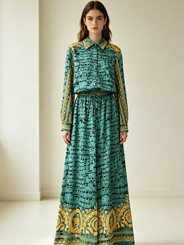 Retro Crocodile Gold Printed Women's New Suit Lapel Single-breasted Long-sleeved Shirt Wide-leg Pants Holiday Two-piece Set view 2