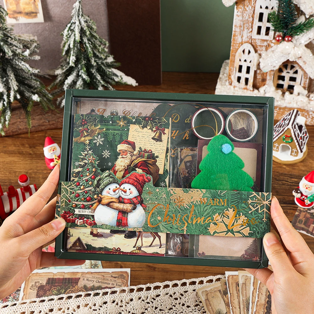 1Pack Vintage Christmas Craft Box Papers Stickers Tapes Notebook Tree Ornament For Stationery Crafts Holiday Journals Great Gift