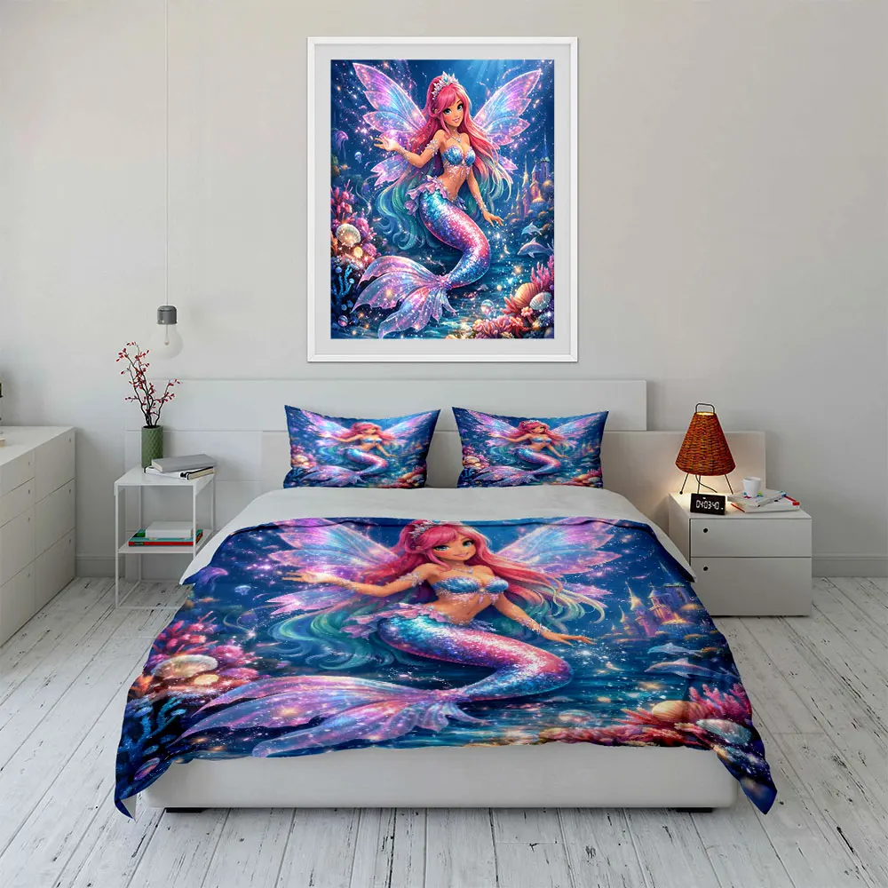 Dreamy Rainbow Mermaid and Castle Bedding Set for Kids Luxury Gift 3pcs Digital Print Comforter Set Soft Comfortable Breathable