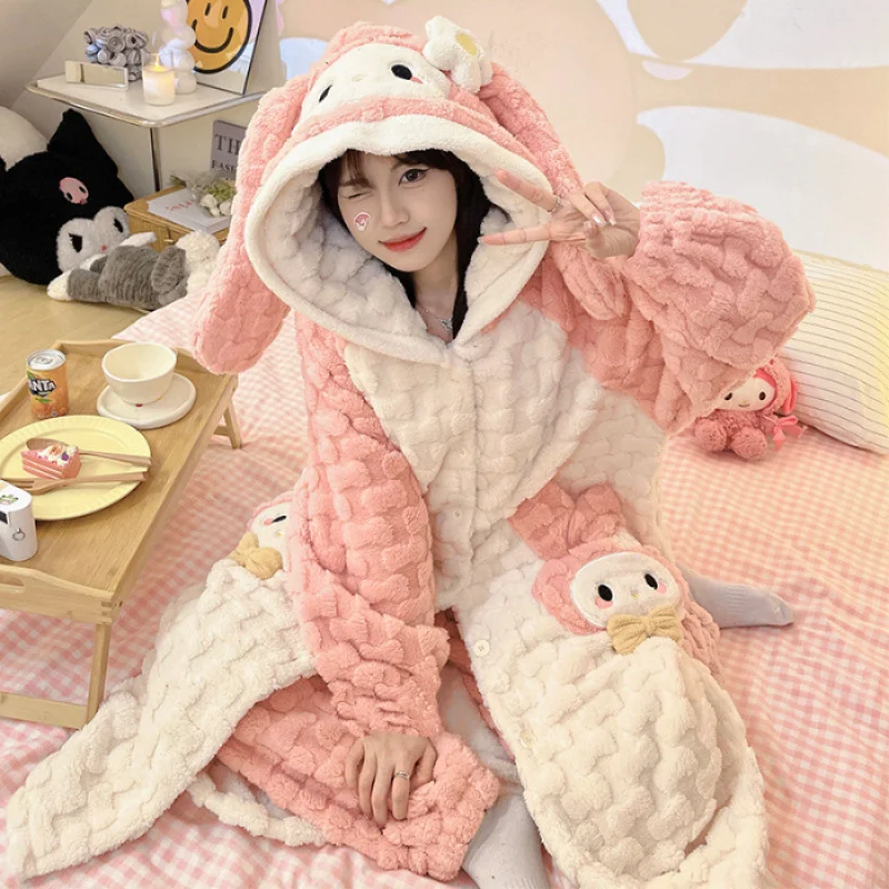 Sanrio Melody pajamas cartoon Sanrio loungewear winter pajamas pants set warm women's two-piece set Melody women's pajamas