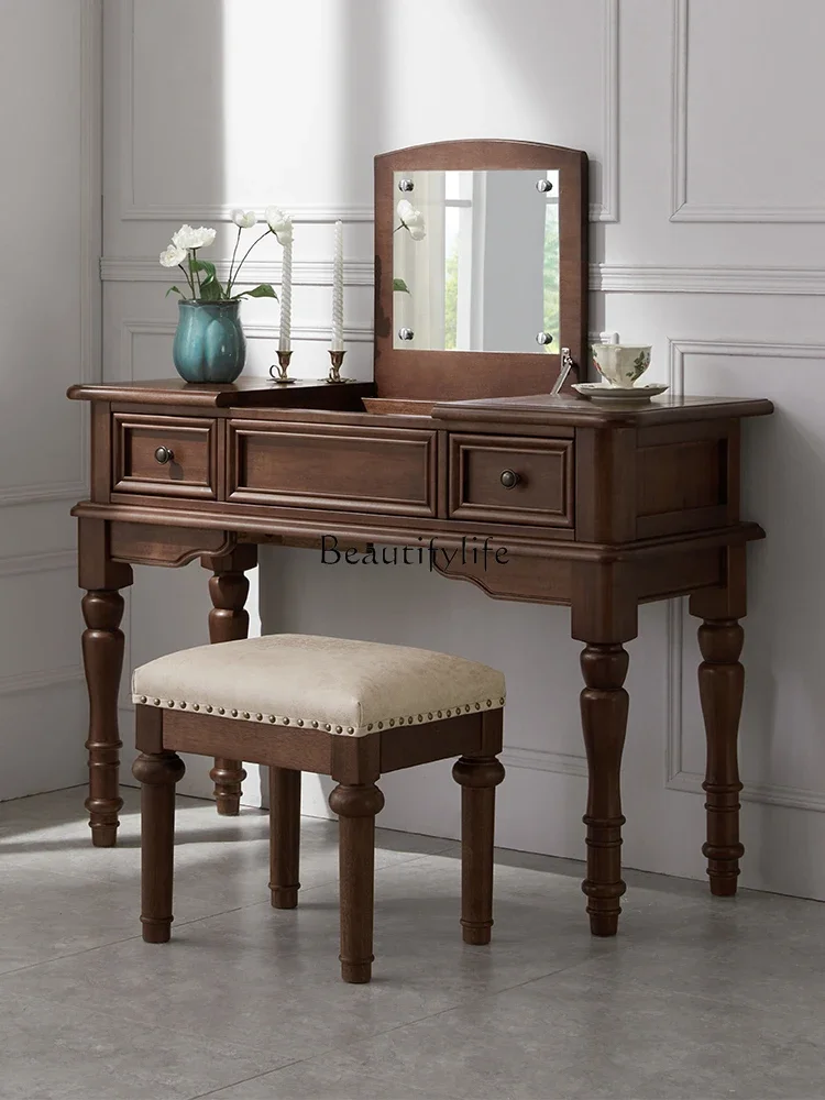 

LD33American Dresser All Solid Wood Flip Dresser Dressing Stool Walnut Nostalgic Makeup Table