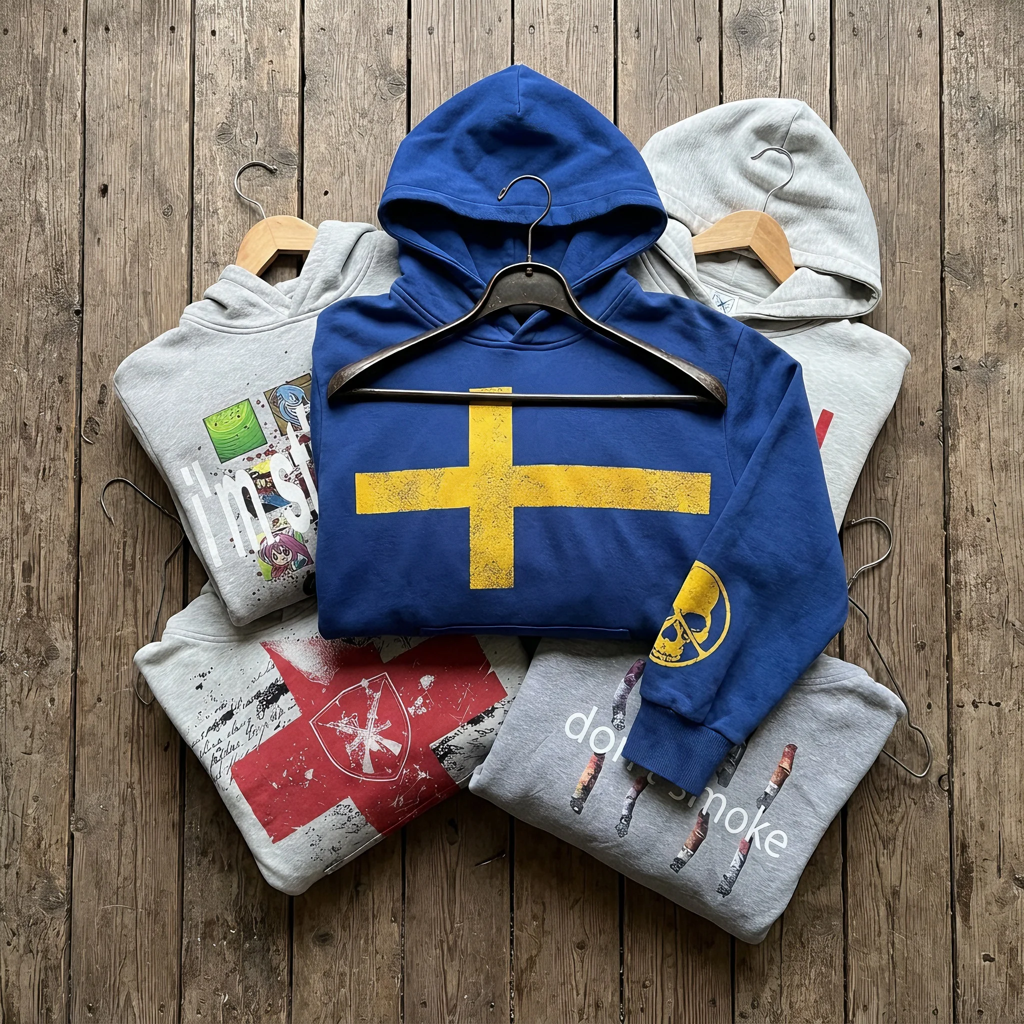 Hot Sell Safety Cross Print Hoodies Streetwear Sweatshirt Light Blue Pullover Harajuku Y2k Casual Hoodie Tracksuit Men Clothing