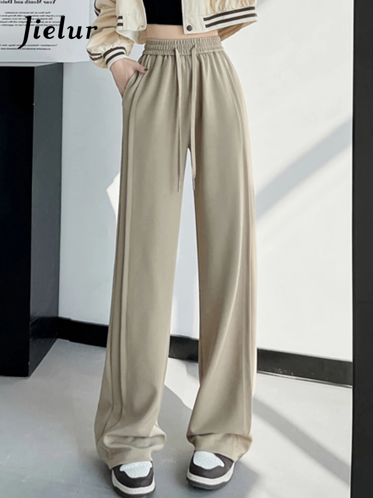 

Jielur New Khaki Casual Straight Slim Summer Wide Leg Pants Full Length Solid Color High Waist Drawstring Fashion Female Trouser