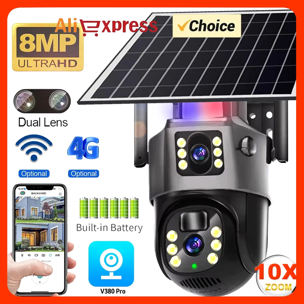 8MP 4K Wireless Solar Camera 4G Sim Outdoor Dual Lens Wifi IP Camera PIR Night Vision V380 Pro CCTV Security Protection Monitor